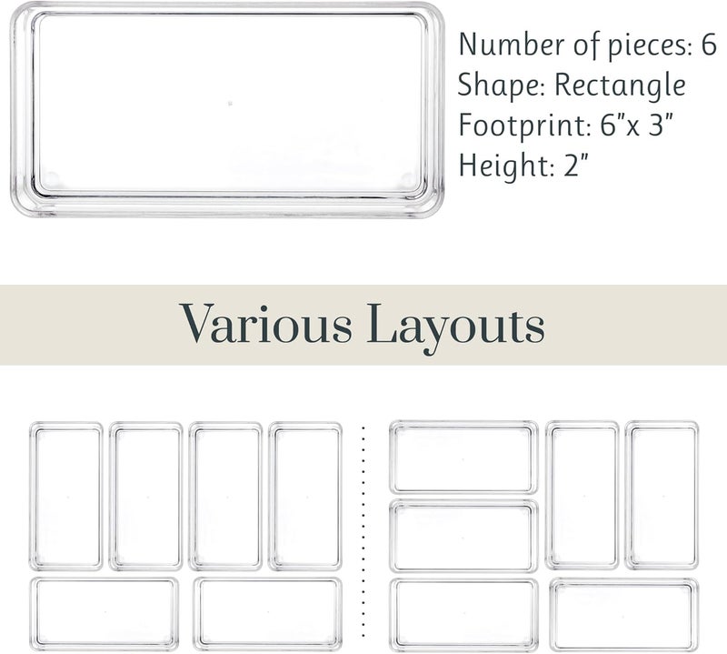 STORi SimpleSort 6-Piece Stackable Clear Drawer Organizer Set | 6" x 3" x 2" Rectangle Trays | Small Makeup Vanity Storage Bins and Office Desk Drawer Dividers | Made in USA - Image 5